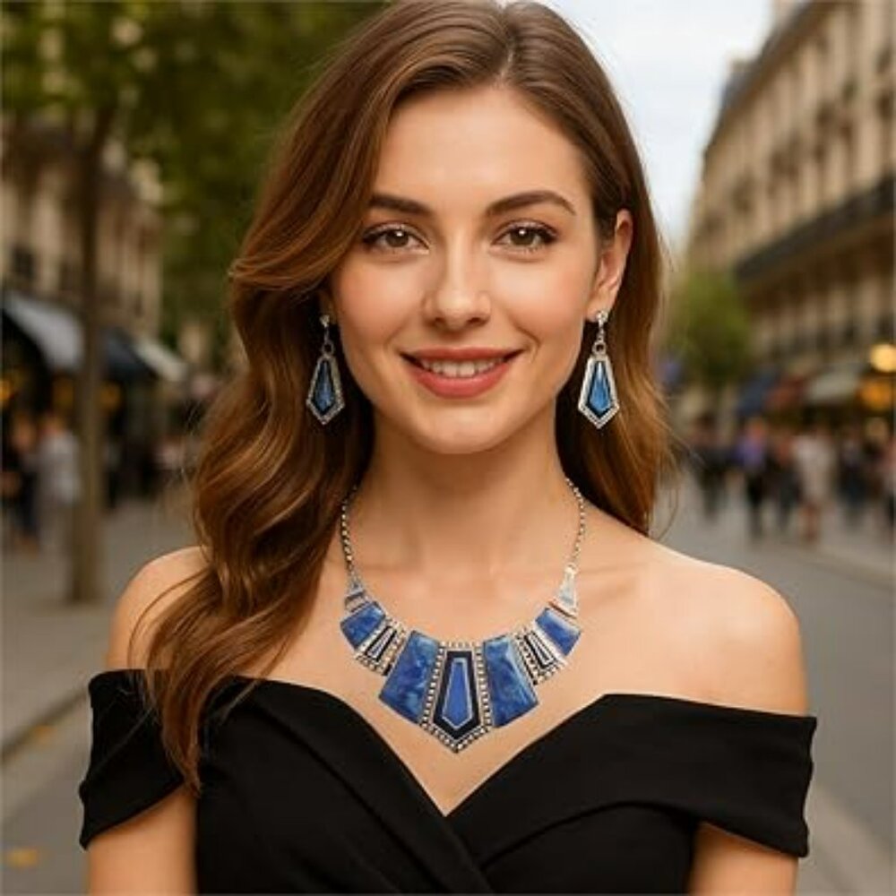 Silver Rhinestone Bib Collar Earrings Necklace Choker Large Statement‎